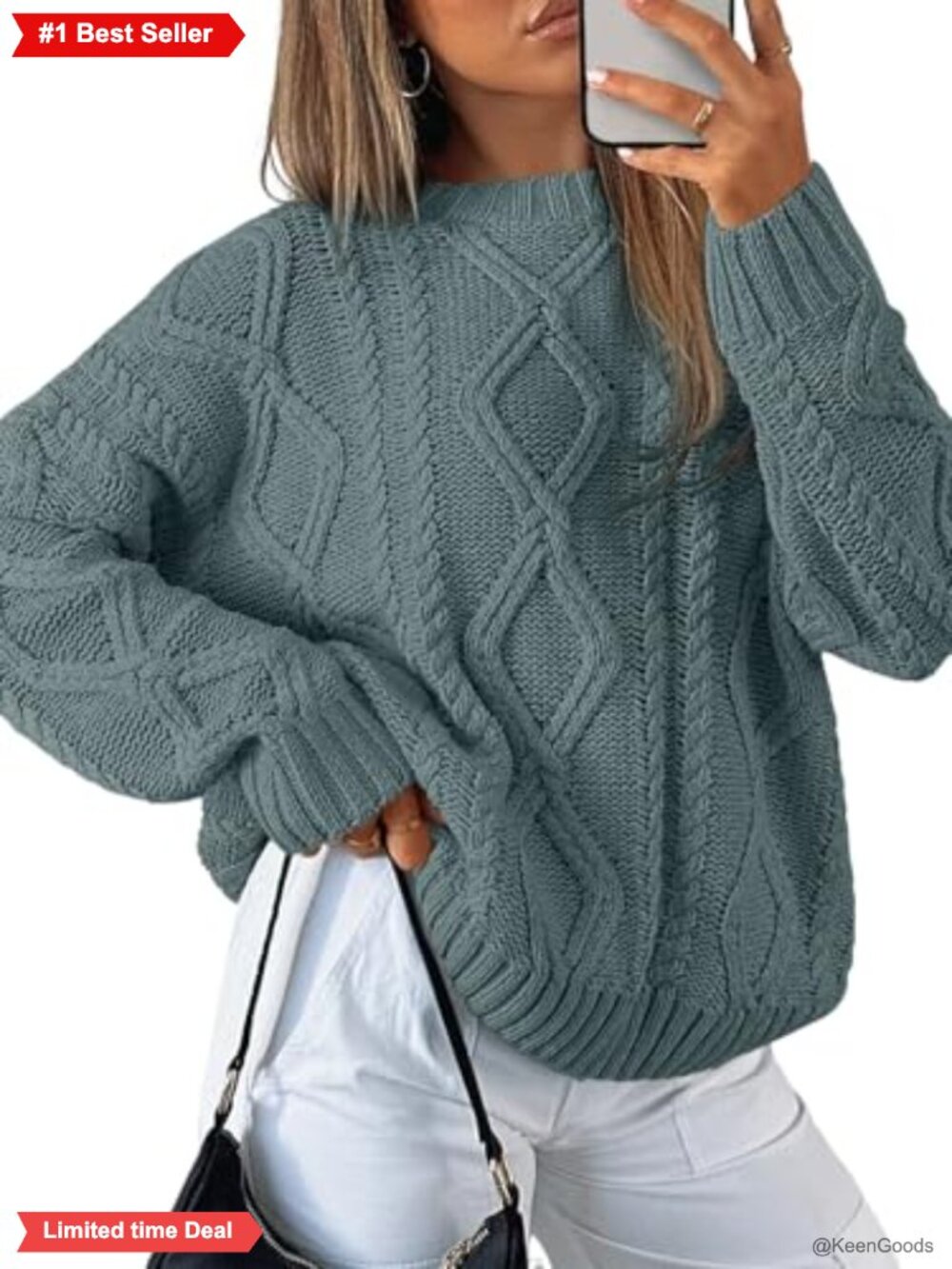 Women's Oversized Cable Knit Sweater Cotton Blend Crew Neck Pullover